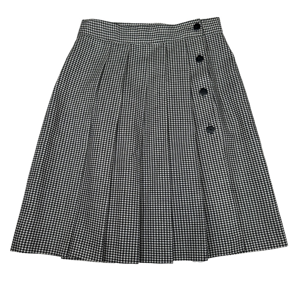 Vintage 90s Black White Houndstooth schoolgirl Skirt pleated wrap midi preppy